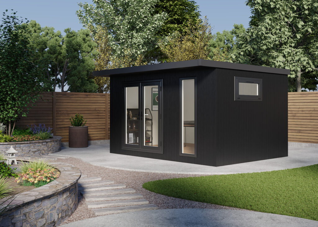 Black contemporary garden room with glazed doors.