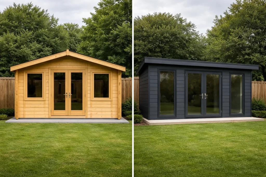Apex roof garden room in pale pine alongside a dark grey pent roof garden room, illustrating the planning height difference.