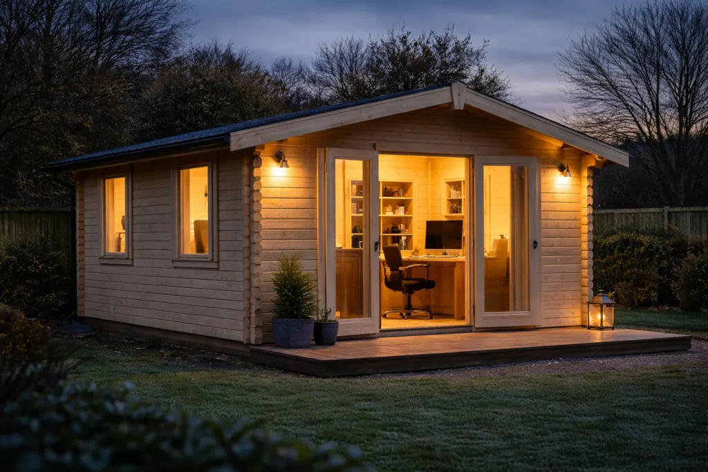 Insulated timber log cabin garden office glowing warmly from inside at dusk in a winter garden.