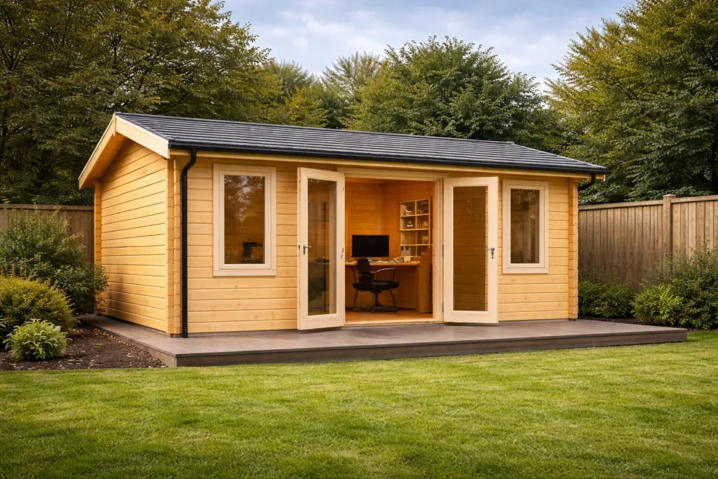 A high-quality Lugarde-style log cabin garden room used as a home office in a South Wales residential garden.