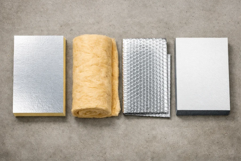 Four shed insulation types flat-lay: PIR foam board, mineral wool roll, foil bubble wrap, Celotex board.