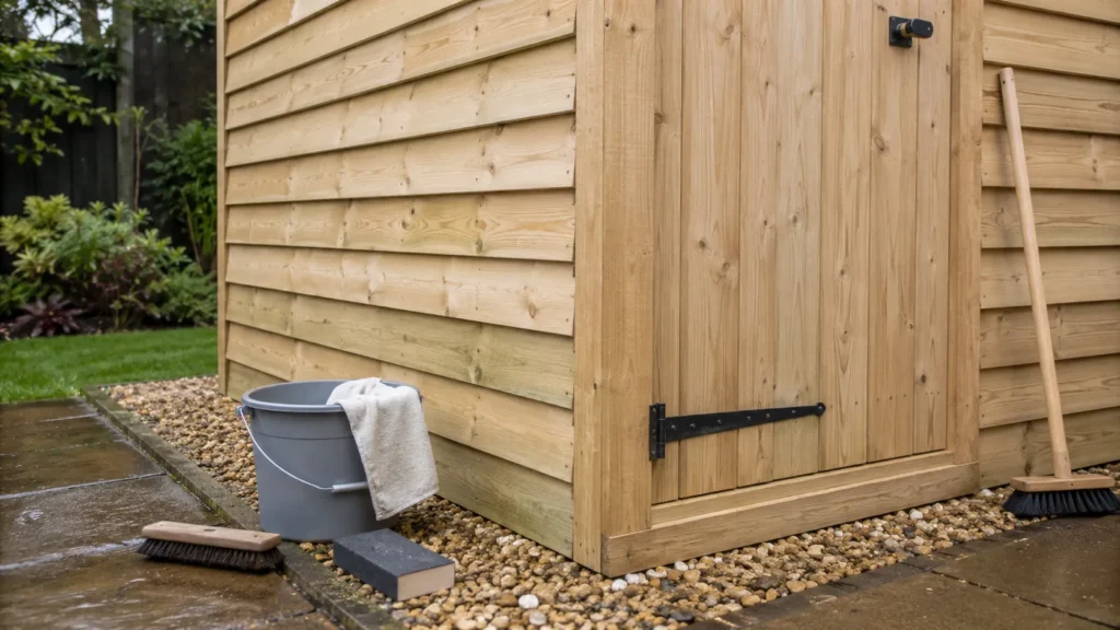 Timber shed wall being cleaned and prepared for exterior wood treatment.
