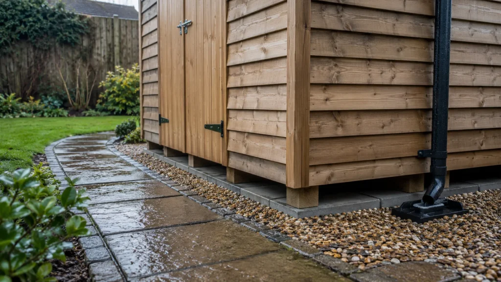 Raised timber shed base with gravel drainage and wet paving after rain.