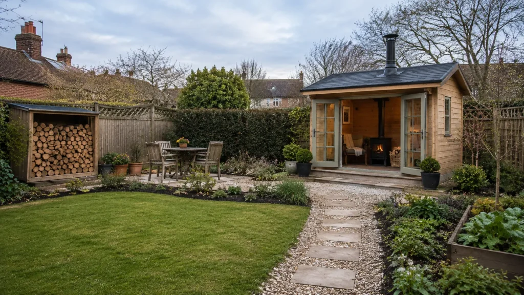 Summerhouse with log burner, garden path, planting and nearby log store.