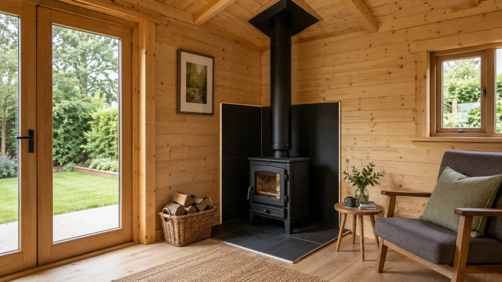 Log burner inside a timber summerhouse with hearth, flue and wall protection.