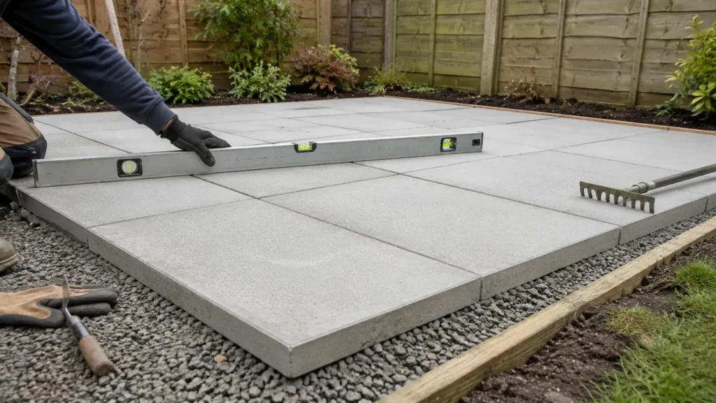 Checking a level paving slab base for a garden shed.