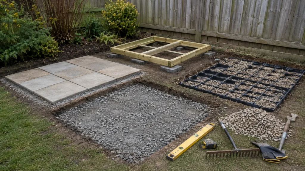 Garden shed base options including slabs, timber frame and gravel grid.