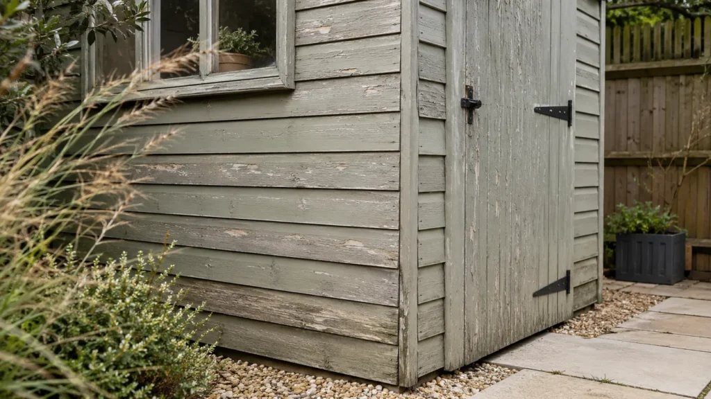 Weathered timber garden shed with faded and peeling paint.