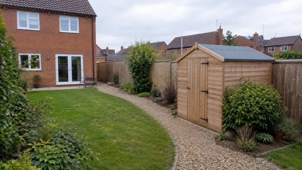 Timber garden shed positioned near a boundary in a UK residential garden.