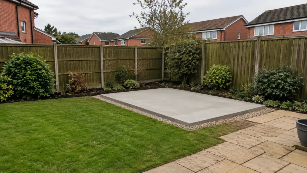 Level concrete shed base prepared in a UK residential garden.