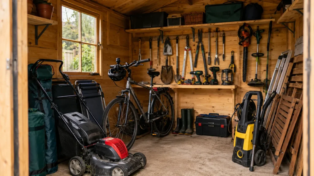 Bicycle, lawnmower and garden equipment stored inside a timber shed.