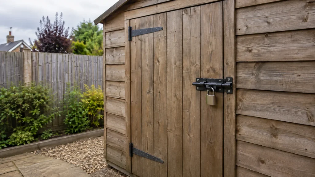 Timber garden shed door secured with a metal bolt and padlock.