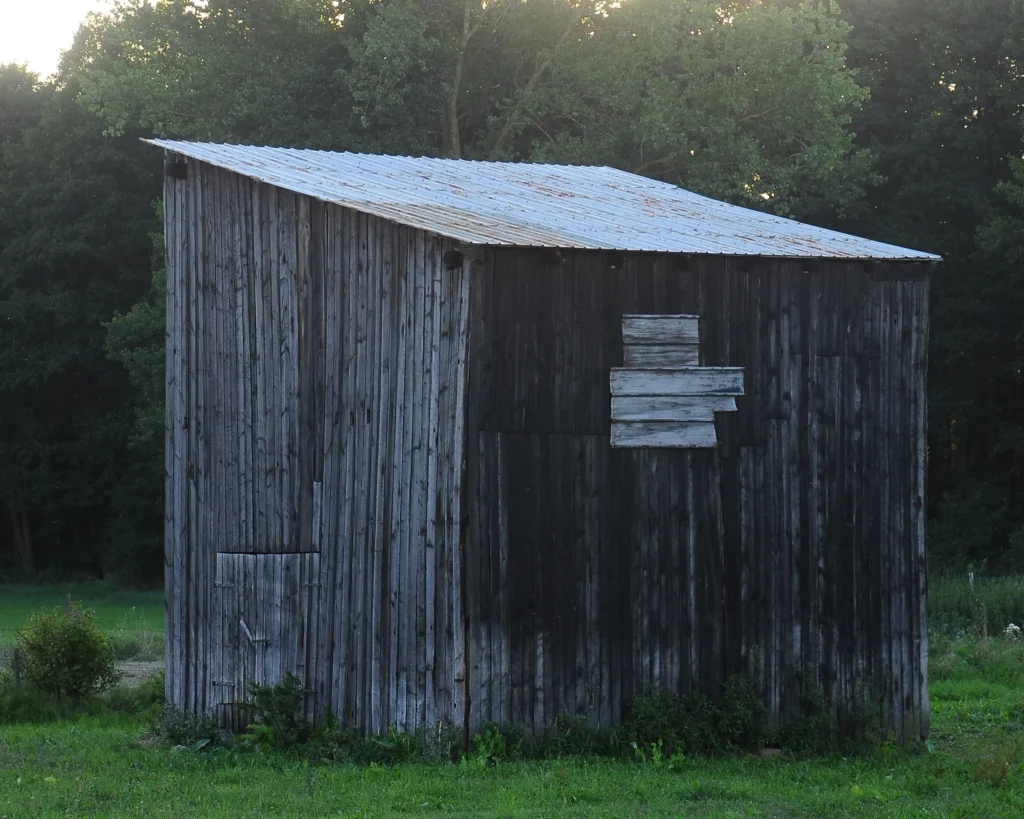 Weathered timber shed with vertical exterior boards in a garden setting.
